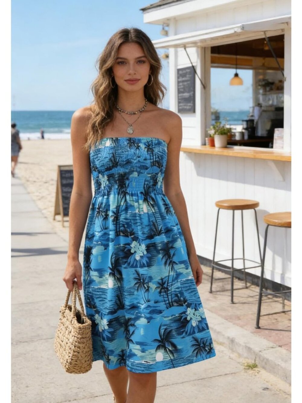 Women's Topical Blue Strapless Smocked Tube Top for Summer Beach Boho Mini Dress - Picture 3 of 6